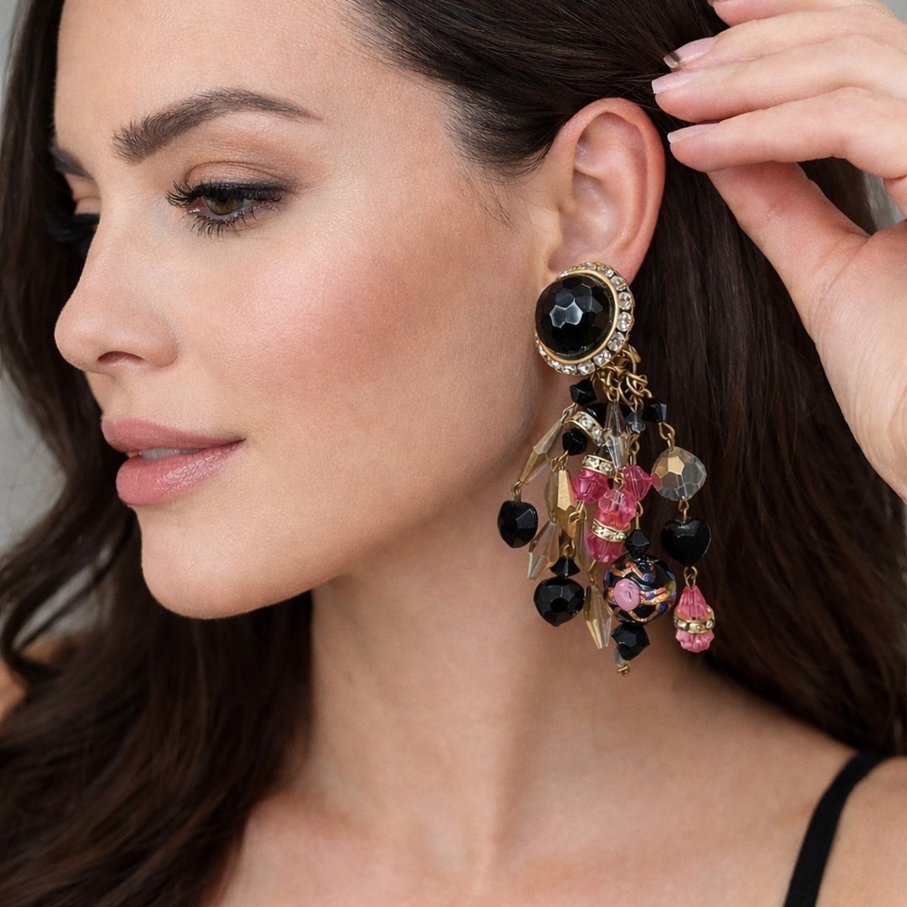 Vintage Black & Gold Beaded Chandelier Clip Earrings with pink accents.